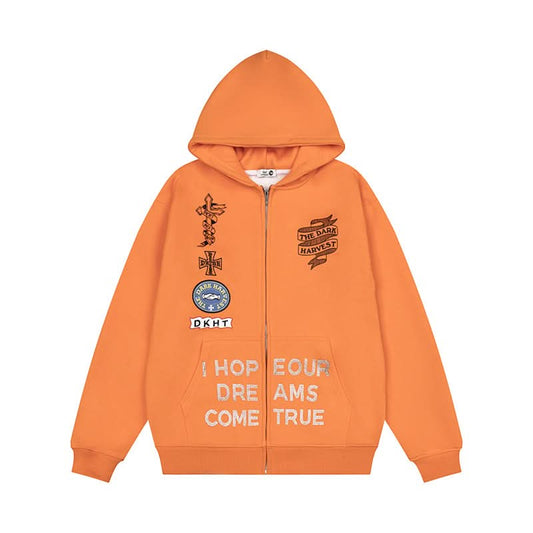 Embroidery Hooded Zip-Up Sweatshirt Unisex Loose Versatile Fleece Lined Jacket Trendy