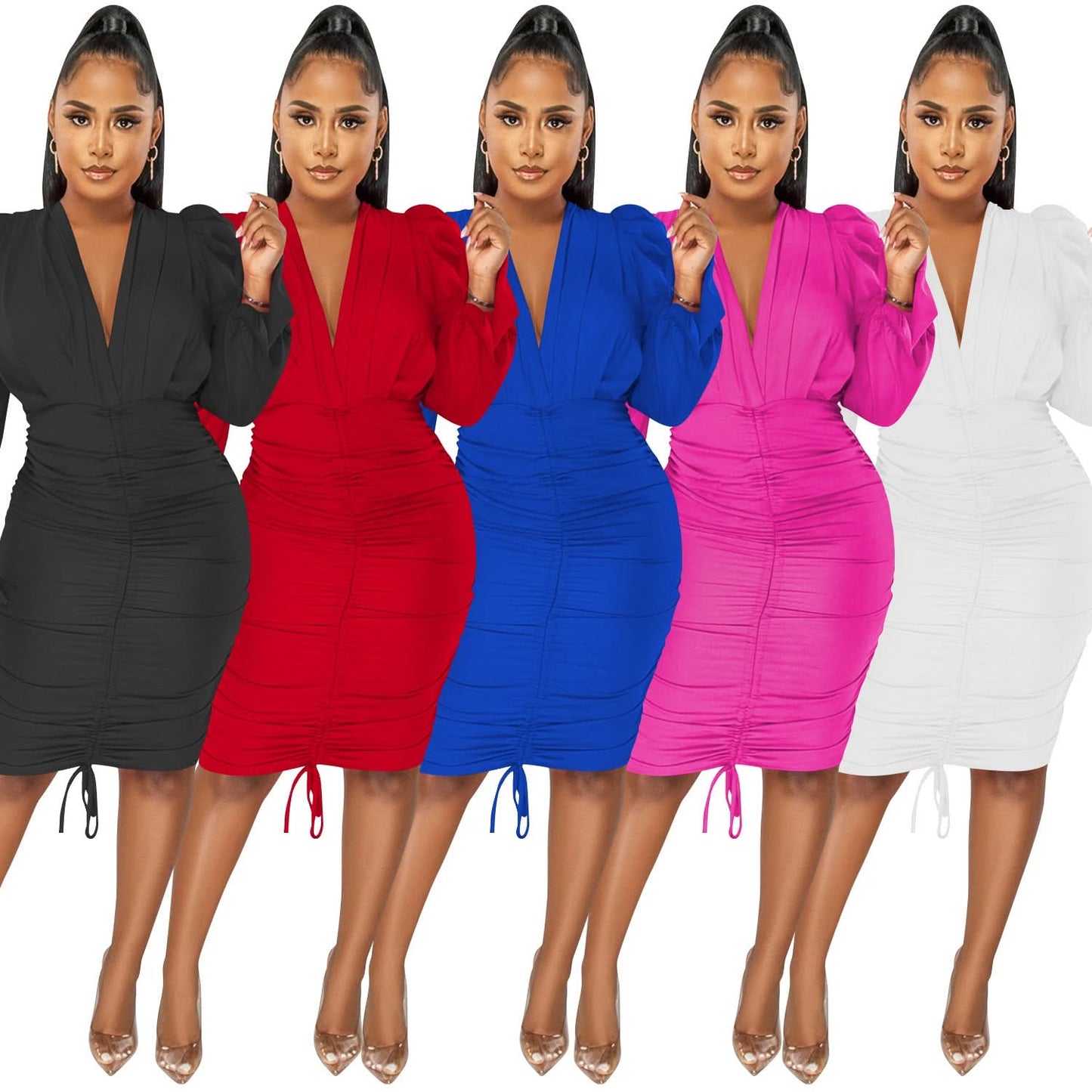 Modisches lässiges einfarbiges langärmeliges plissiertes V-Ausschnitt-Kleid für Damen