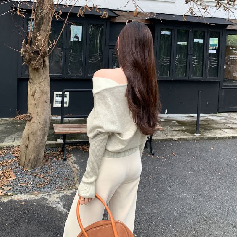 Farbig kontrastierendes Strickoberteil für Damen mit Schulterausschnitt und langen Ärmeln, trendiges, schmales Off-Shoulder-Oberteil