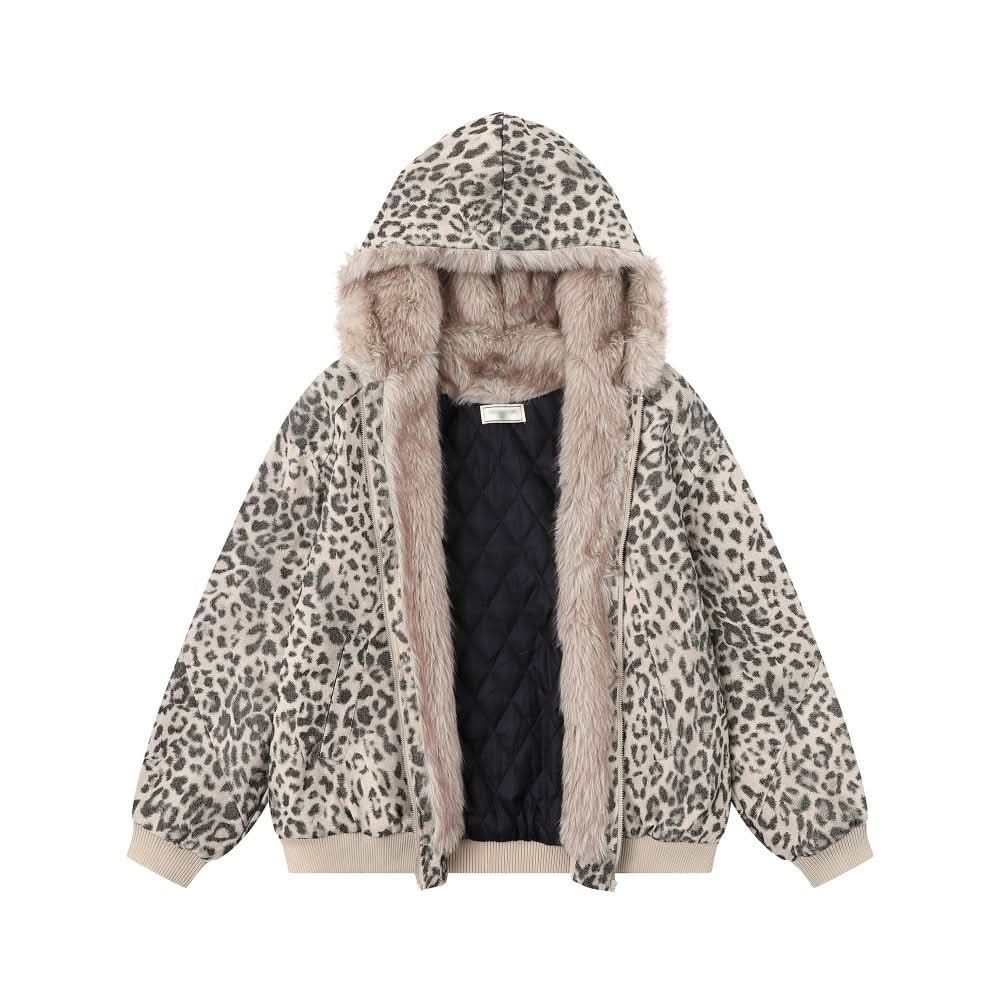 Wool collar hooded leopard print cotton jacket