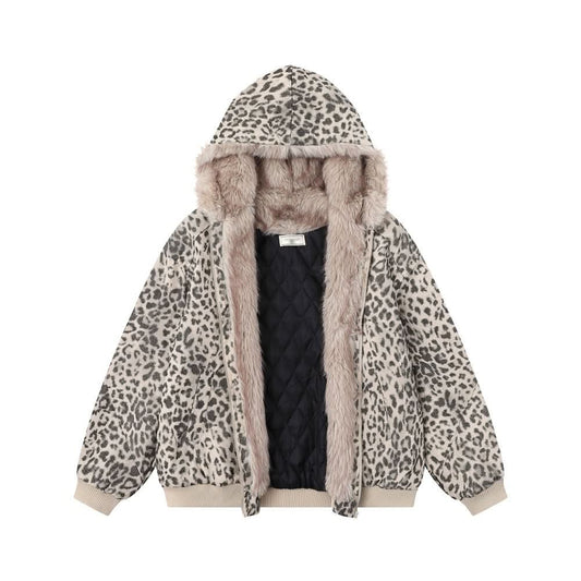 Wool collar hooded leopard print cotton jacket