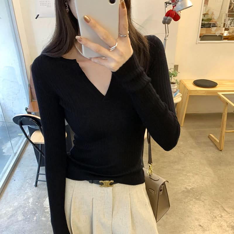 Sexy Woll-V-Ausschnitt Slim Fit Unterwäsche-Strickoberteil für Damen