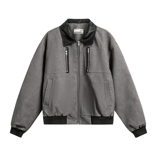 Splicing contrasting PU leather collar jacket