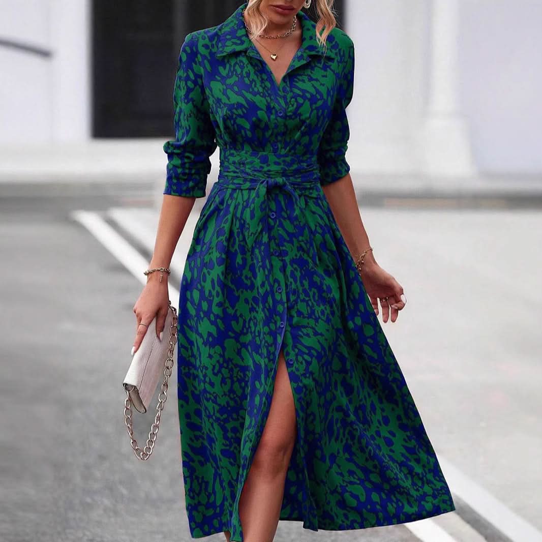 Kleid mit Hemdkragen, Gürtel und langem Rock für Damen