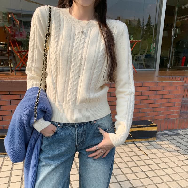 Zopfmuster-Pullover mit Rundhalsausschnitt und langen Ärmeln, Innenfutter, Strickwaren für Damen, einzigartiges Einzeloberteil