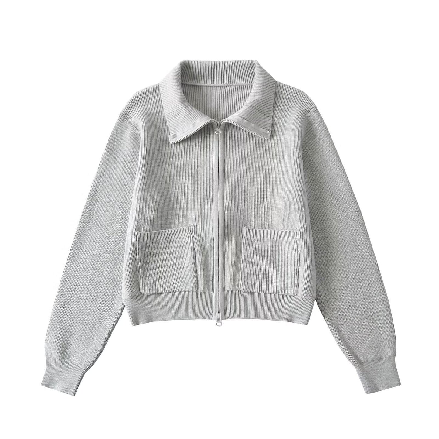 Zipper lapel long sleeved pocket top