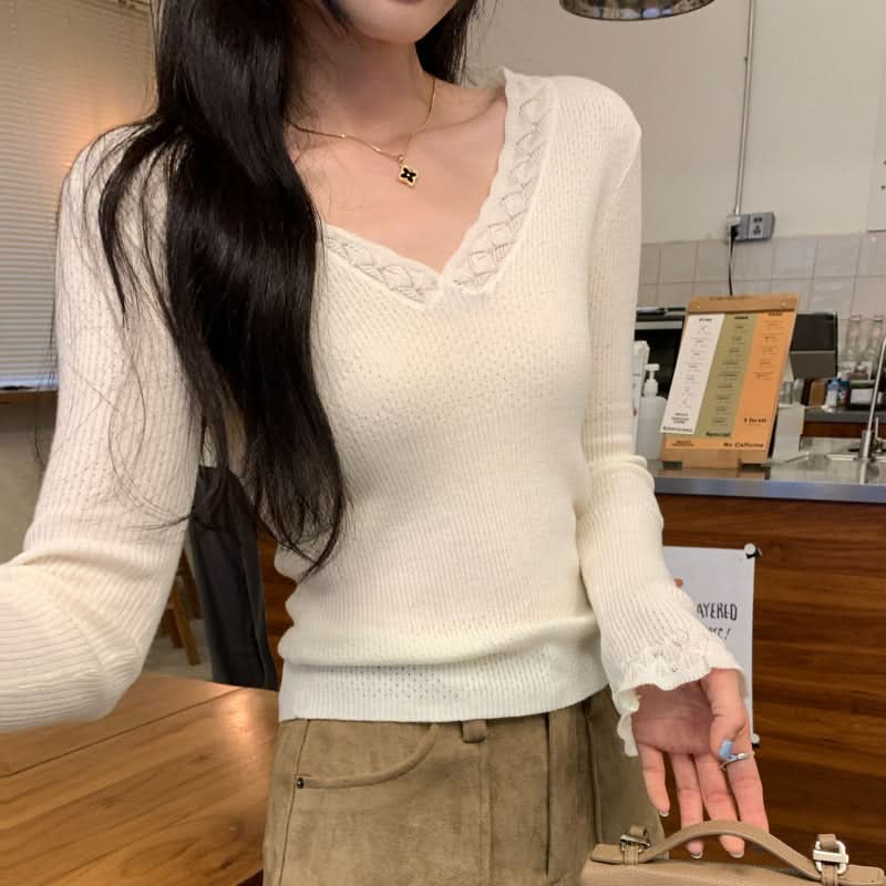 Eleganter violetter V-Ausschnitt-Strickpullover für Damen, schmal geschnitten, Langarm, Freizeitkleidung