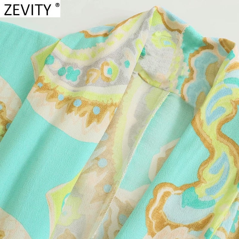 Zevity Women Vintage Totem Floral Print Bow Tied Sashes Kimono Smock Blouse Female Open Stitching Shirts Chic Blusas Tops LS9315