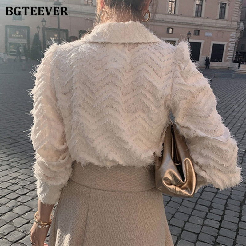 BGTEEVER Elegant Notched Collar Women Tassels Shirts Blouses  Spring New Single-breasted Female Workwear Shirts Tops Blusas