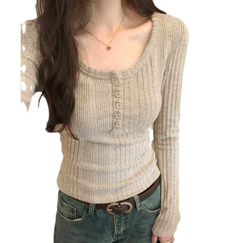 Retro U-Neck Slim Fit Long Sleeve T-Shirt Women's Ribbed Short Length Versatile Knit Top