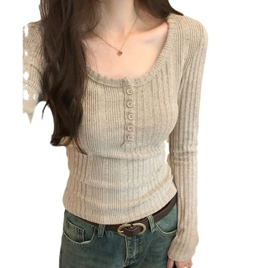 Retro U-Neck Slim Fit Long Sleeve T-Shirt Women's Ribbed Short Length Versatile Knit Top