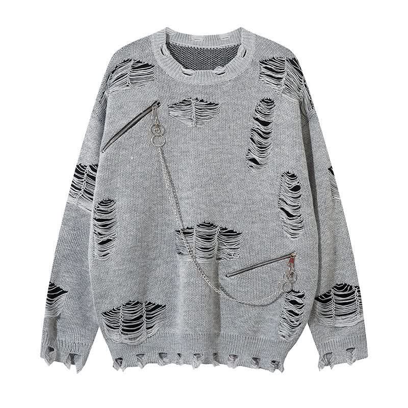 Gestrickter Pullover mit gerissener Kettenspleißung Lässiger lockerer Pullover für Paare