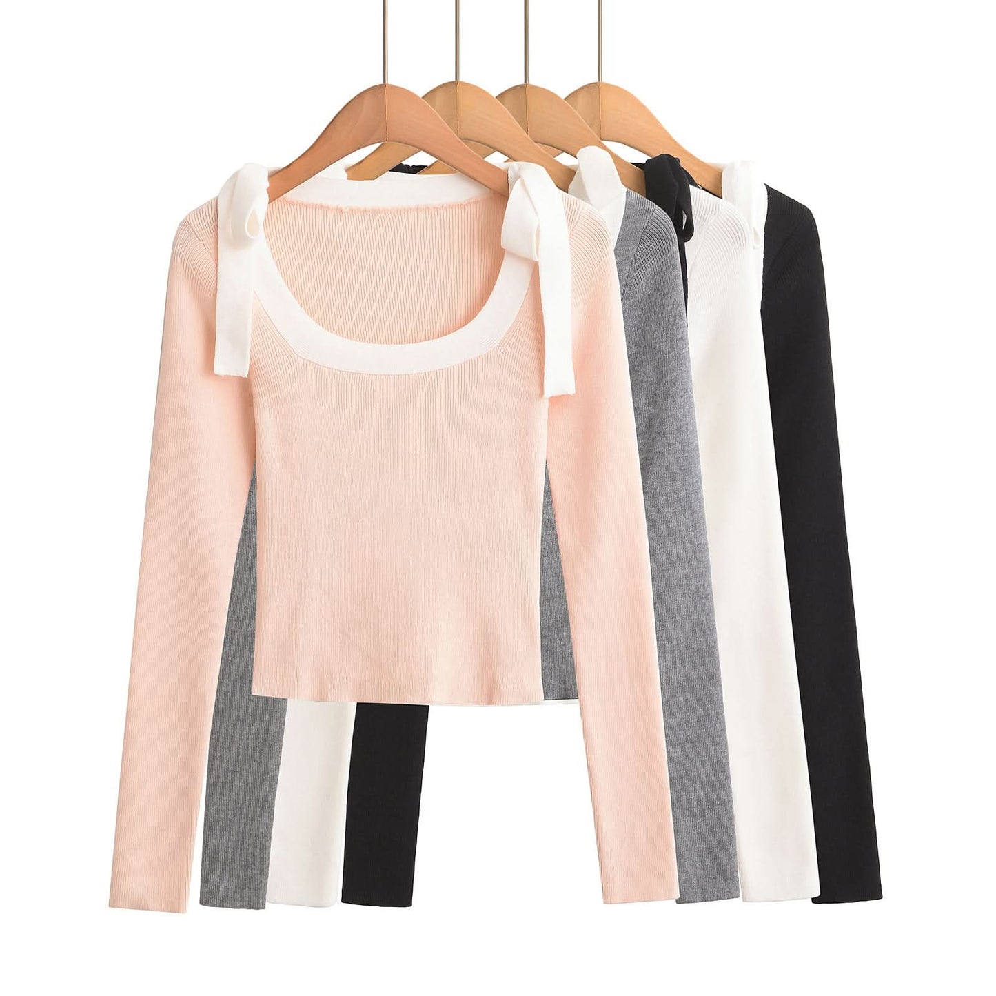 Square neck slim fit butterfly bow ribbon sweater