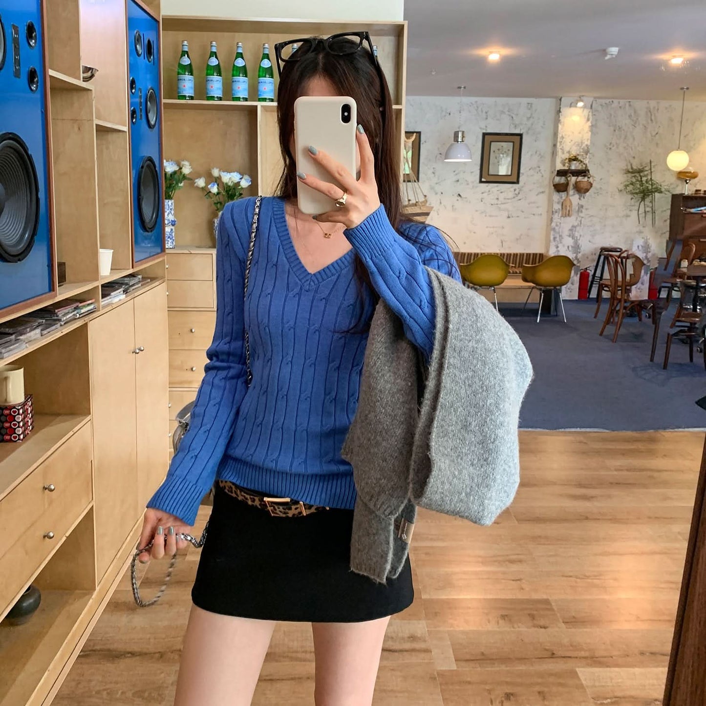 Einfarbiger Zopfmuster-V-Ausschnitt Langarm-Pullover für Damen