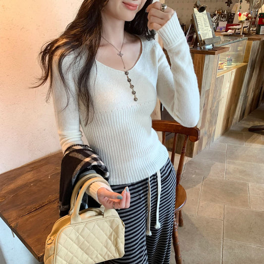 Pink V-Neck Ribbed Knit Sweater for Women, Slim Fit, Short Top Wear