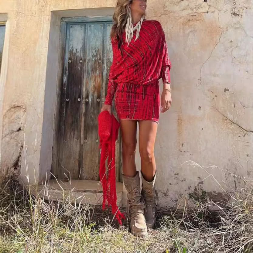 Chic One-Shoulder Batwing Sleeve Printed Bodycon Dress Tie-Dye Mini Skirt