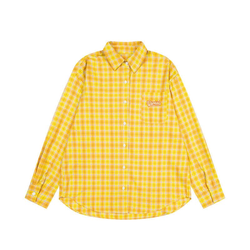 Embroidered Letter Plaid Shirt Loose Fit Shirt Couple Outfit