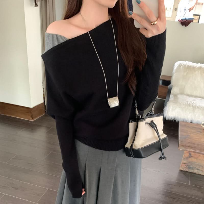 Farbig kontrastierendes Strickoberteil für Damen mit Schulterausschnitt und langen Ärmeln, trendiges, schmales Off-Shoulder-Oberteil
