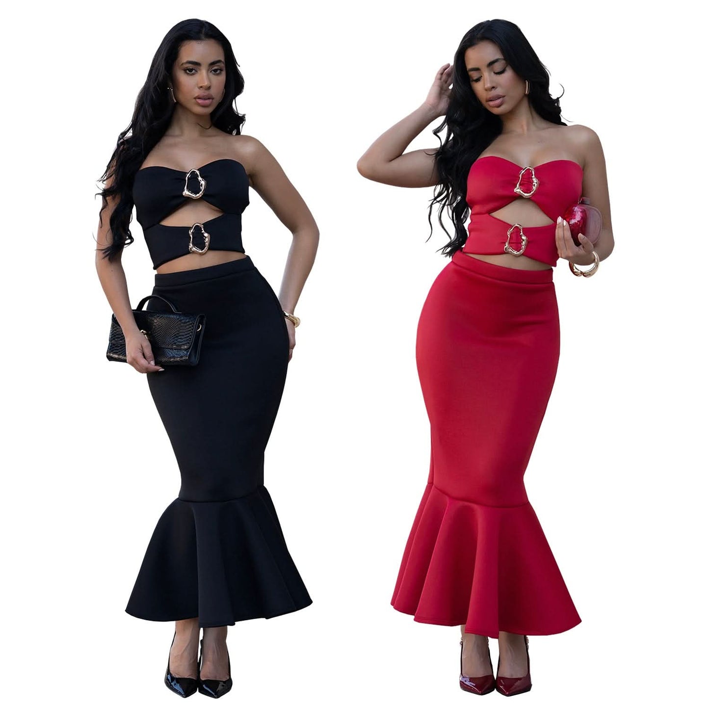 Damen Sexy Trägerloses Oberteil mit Spitzenbesatz und Bodycon Rock Set