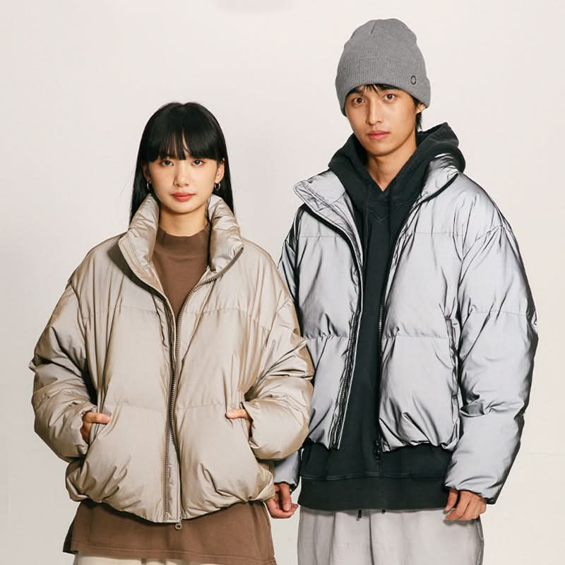 Three proof 3D reflective fabric stand up collar down jacket