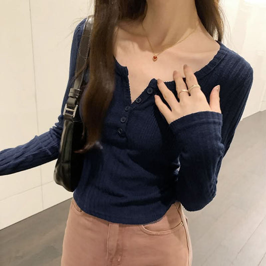 Retro U-Neck Slim Fit Long Sleeve T-Shirt Women's Ribbed Short Length Versatile Knit Top