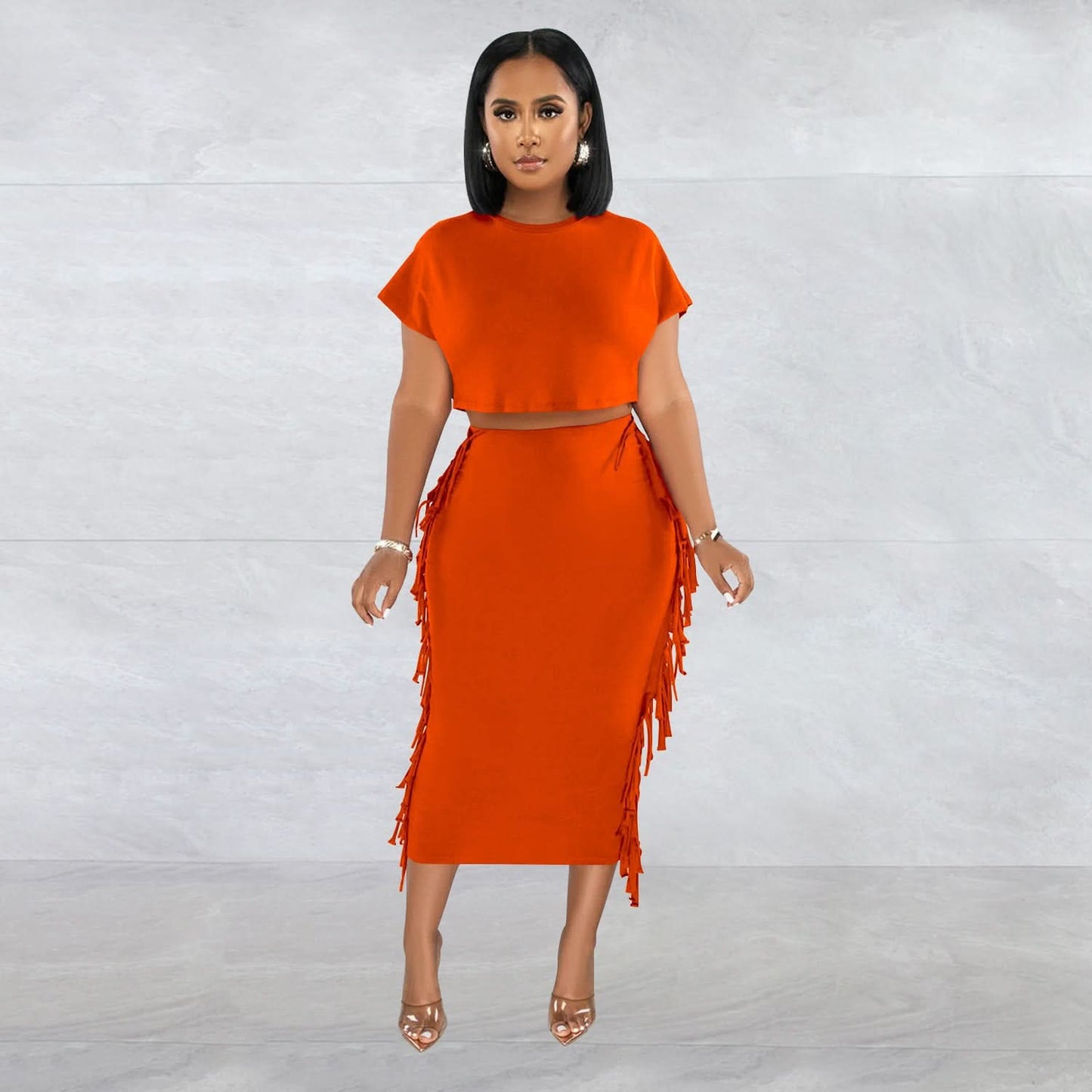 FashionableStyle Einfarbig Fransen Rundhals Kurzarm Langes Kleid Zweiteiliges Set