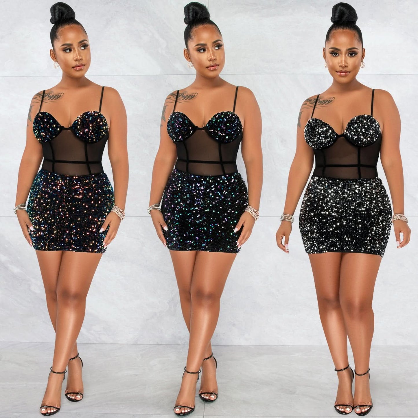Mode sexy ärmelloses Pailletten-Mesh-durchsichtiges Reißverschluss-Midikleid
