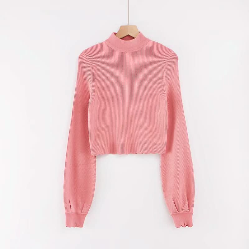 Long sleeved half high neck lotus leaf sweater