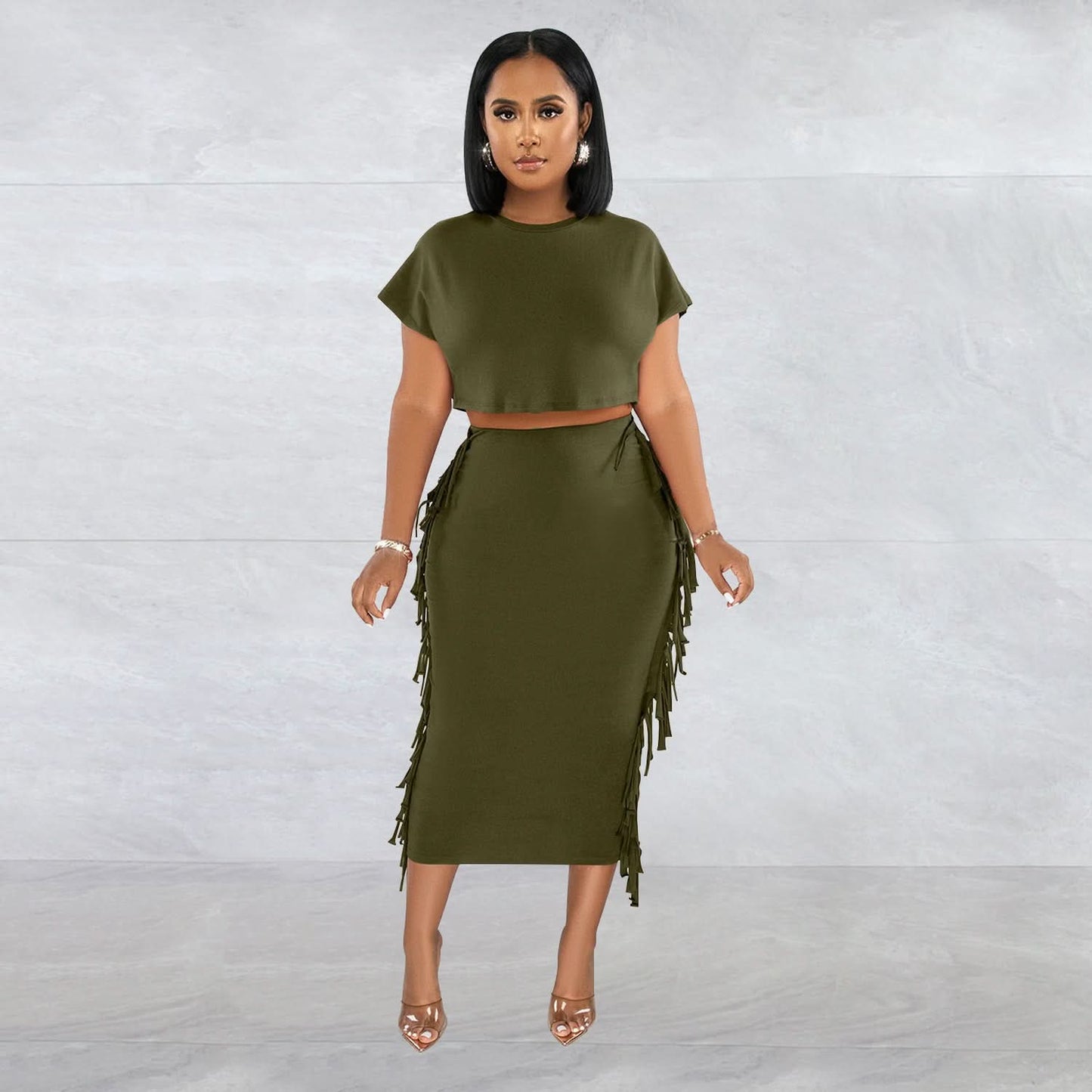 FashionableStyle Einfarbig Fransen Rundhals Kurzarm Langes Kleid Zweiteiliges Set