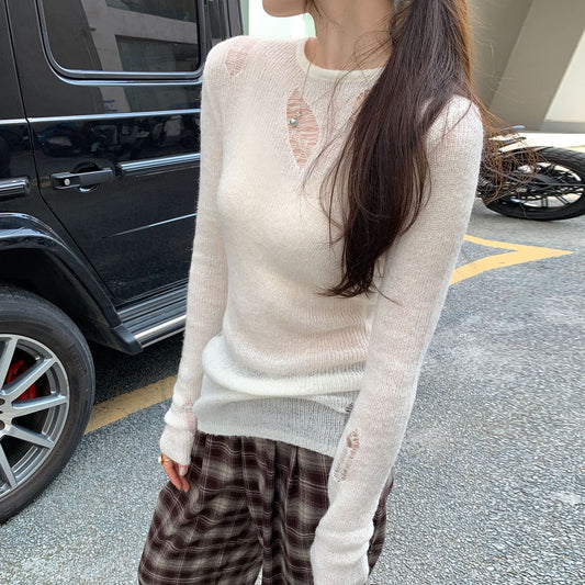 Design Sense Irregular Hole Cut-Out Sexy Long Sleeve Knit Top for Women