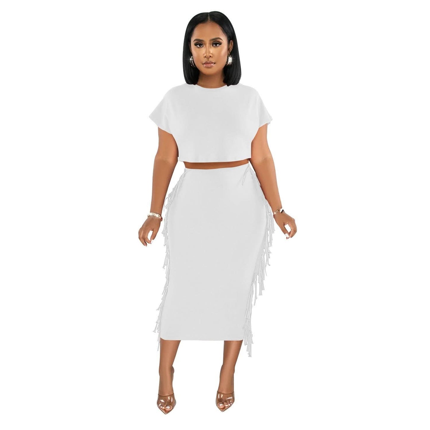 FashionableStyle Einfarbig Fransen Rundhals Kurzarm Langes Kleid Zweiteiliges Set