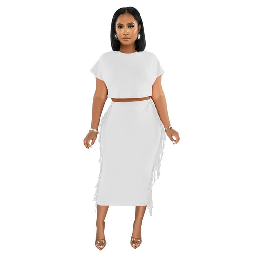 FashionableStyle Solid Color Fringe Round Neck Short Sleeve Long Dress Two-Piece Set