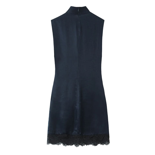 Lace patchwork satin texture mini dress