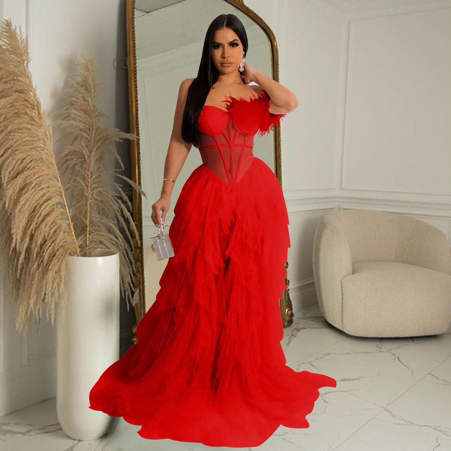 Fashion Women's Solid Color Sleeveless Bustier Mesh Long Dress