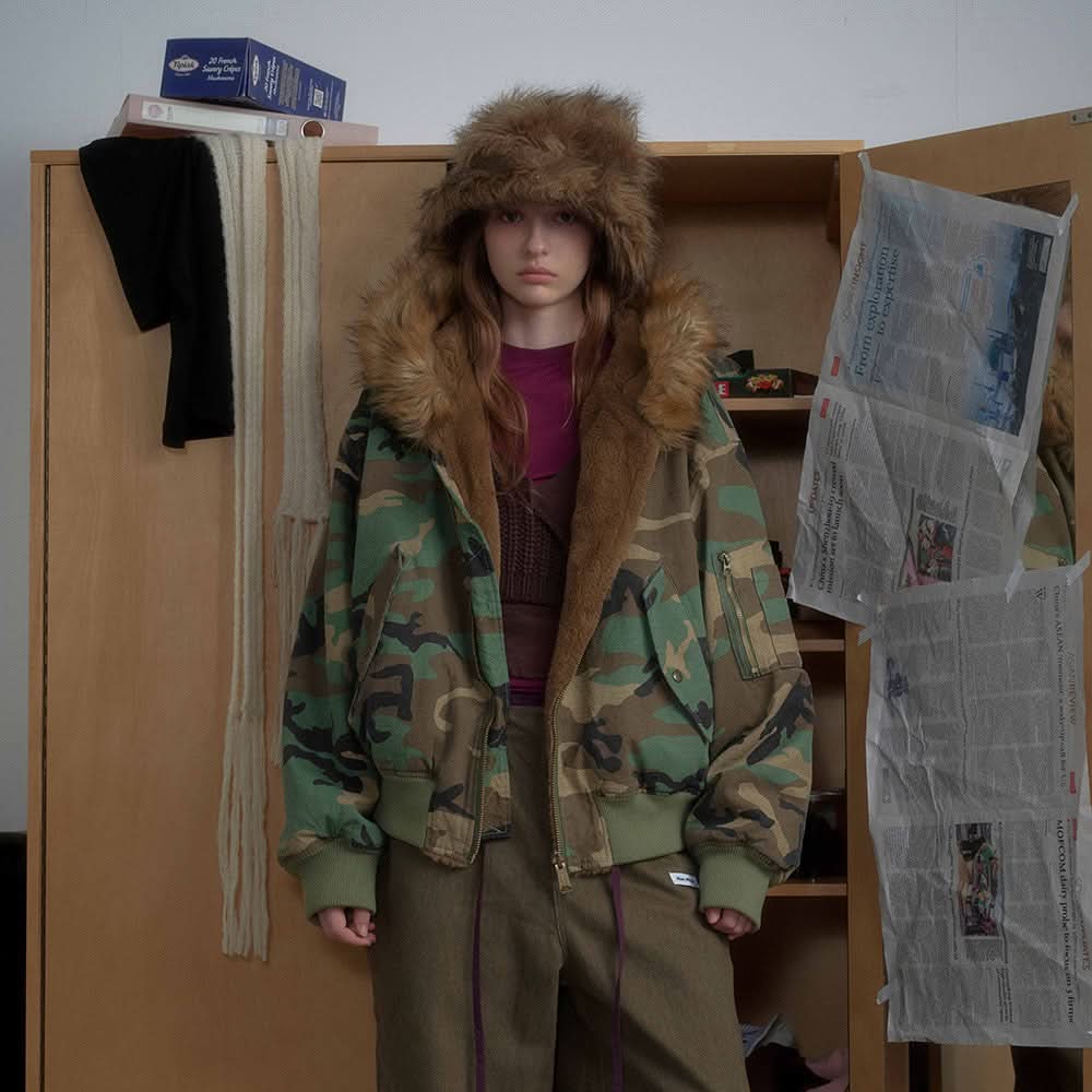 Zuo Shan Diao camouflage fur collar hooded cotton jacket