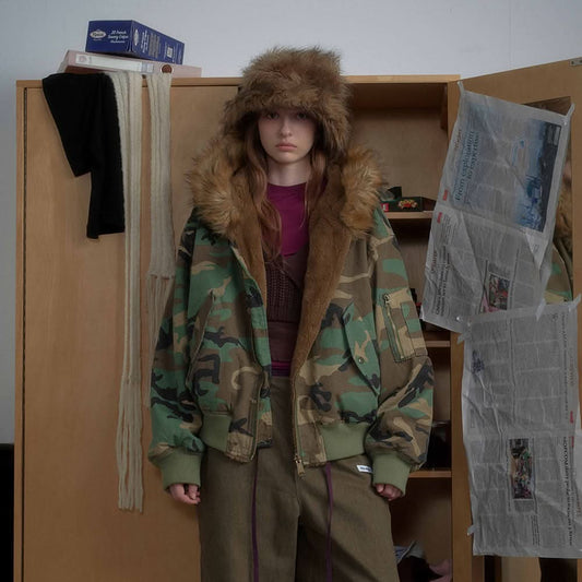 Zuo Shan Diao camouflage fur collar hooded cotton jacket