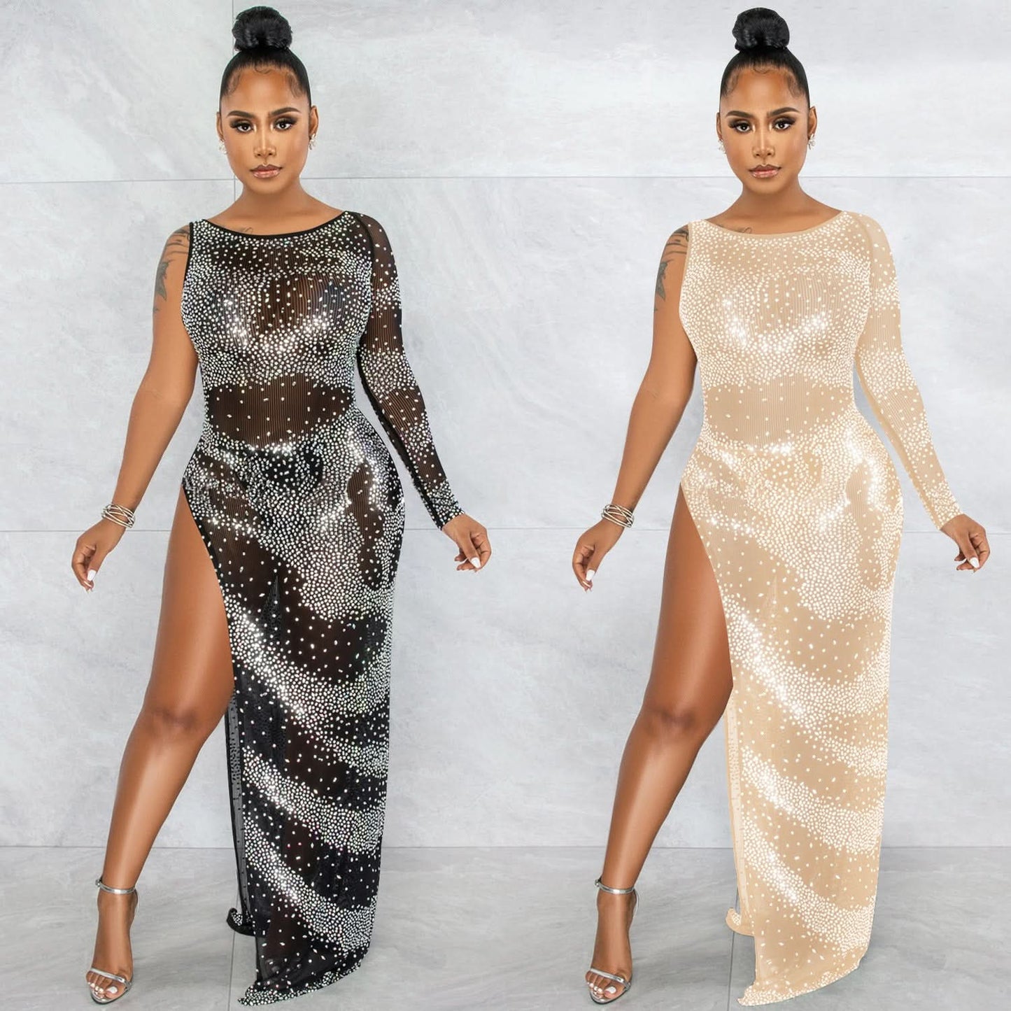 Fashion Sexy Nachtclub Strass Einarm Langarm Unregelmäßiger Schlitz Maxikleid
