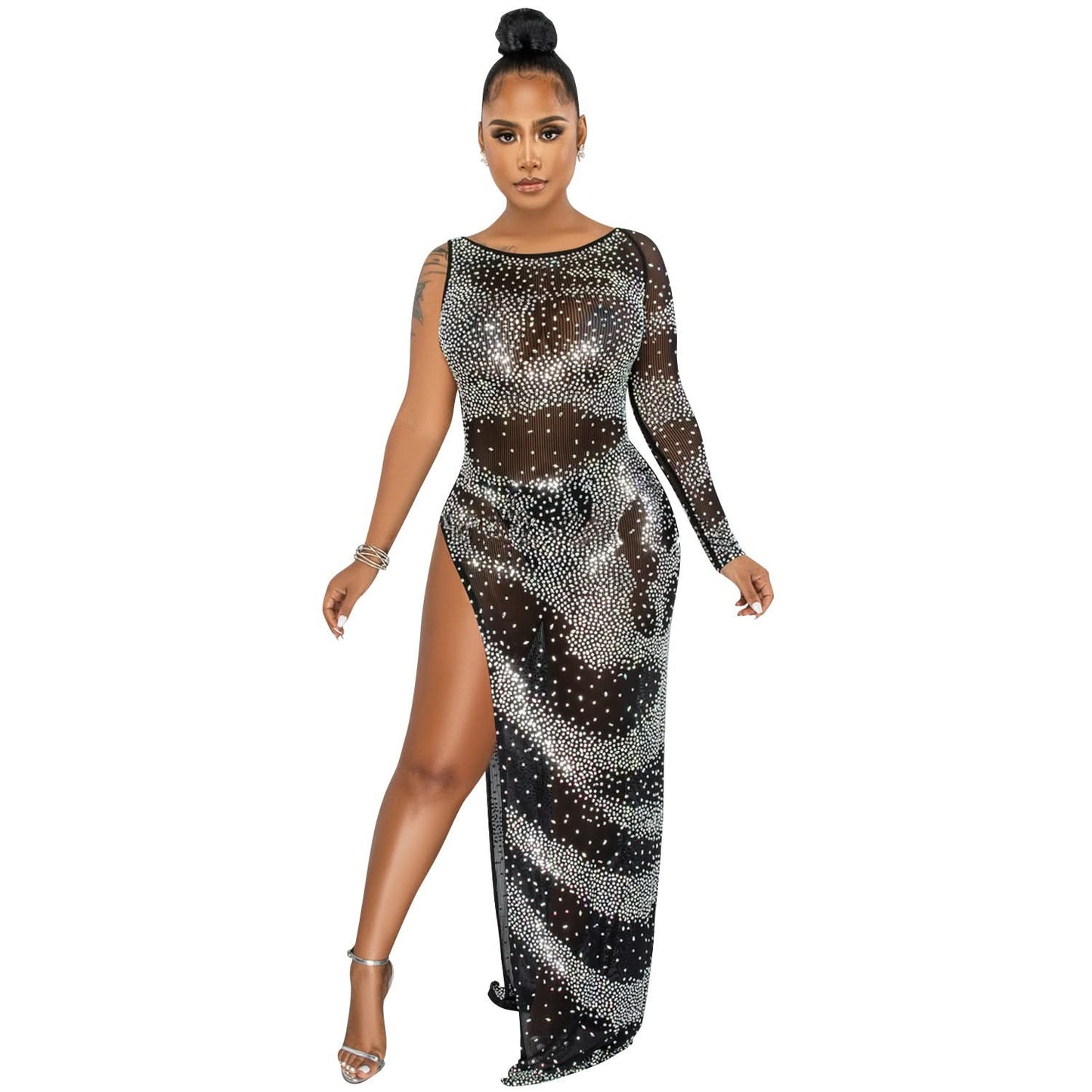 Fashion Sexy Nachtclub Strass Einarm Langarm Unregelmäßiger Schlitz Maxikleid