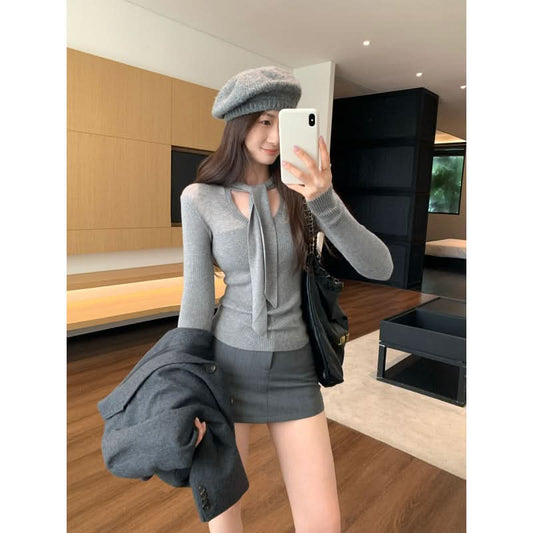 V-Neck Slim Fit Long Sleeve Knit Top for Women