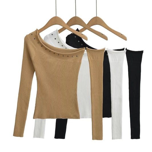 Solid color off shoulder top with sloping shoulders