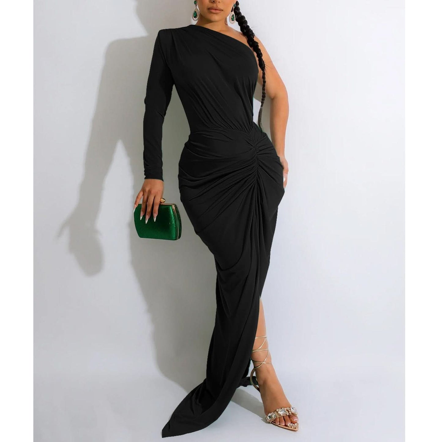 Fashion Women's Solid Color Asymmetrical Neck Single Long Sleeve Long Dress with Pleats
