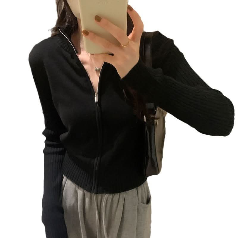 Simple High Neck Knit Cardigan Top for Women,Versatile, Slim Fit, Zipper Sweater Coat