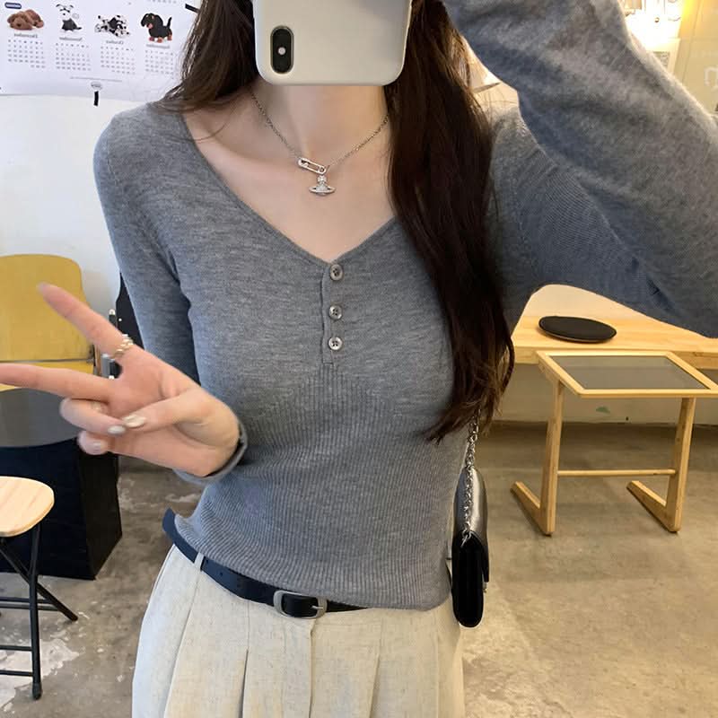 V-Neck Slim-Fitting Knit Top for Women, Pink, Long Sleeve Inner Wear