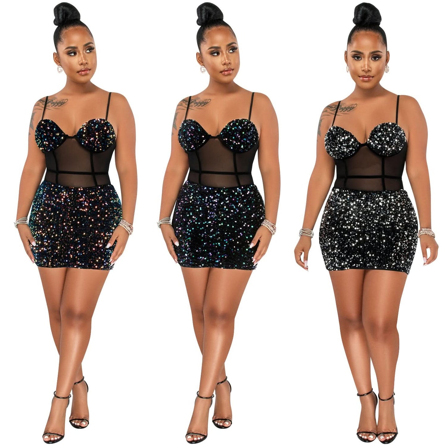Mode sexy ärmelloses Pailletten-Mesh-durchsichtiges Reißverschluss-Midikleid