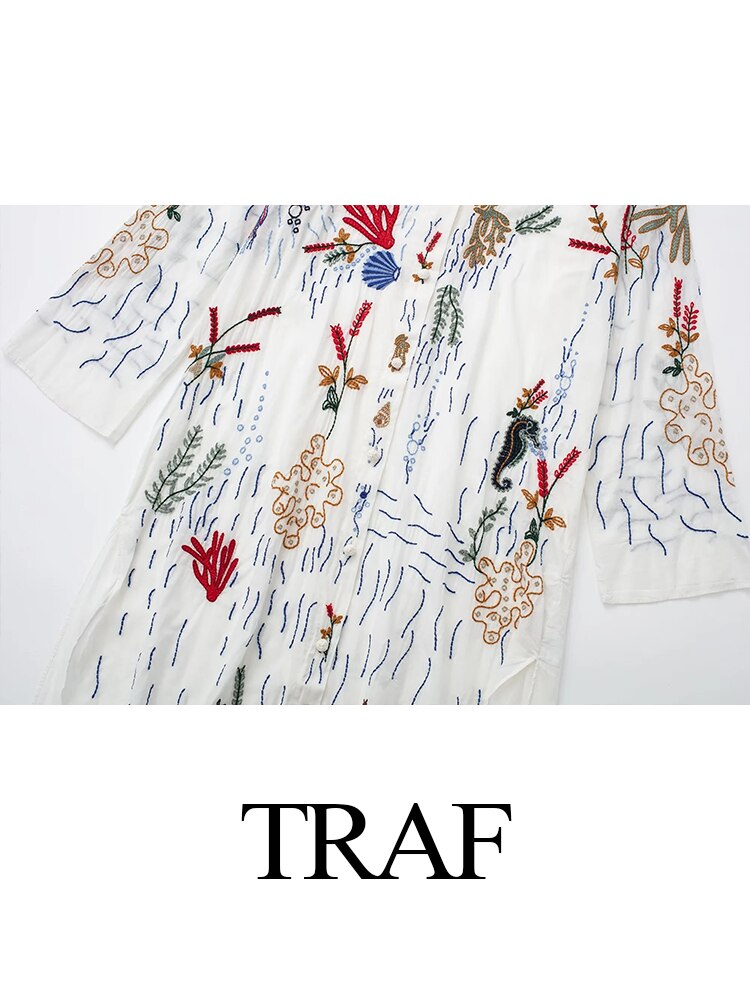 TRAF Women's Retro Shirts Cotton Embroide Long Sleeve Blouse Loose All-Match Female Blusa Casual Office Lady Blouse Female Top