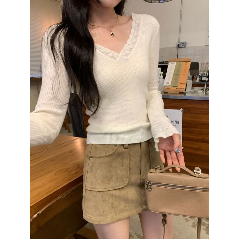 Eleganter violetter V-Ausschnitt-Strickpullover für Damen, schmal geschnitten, Langarm, Freizeitkleidung