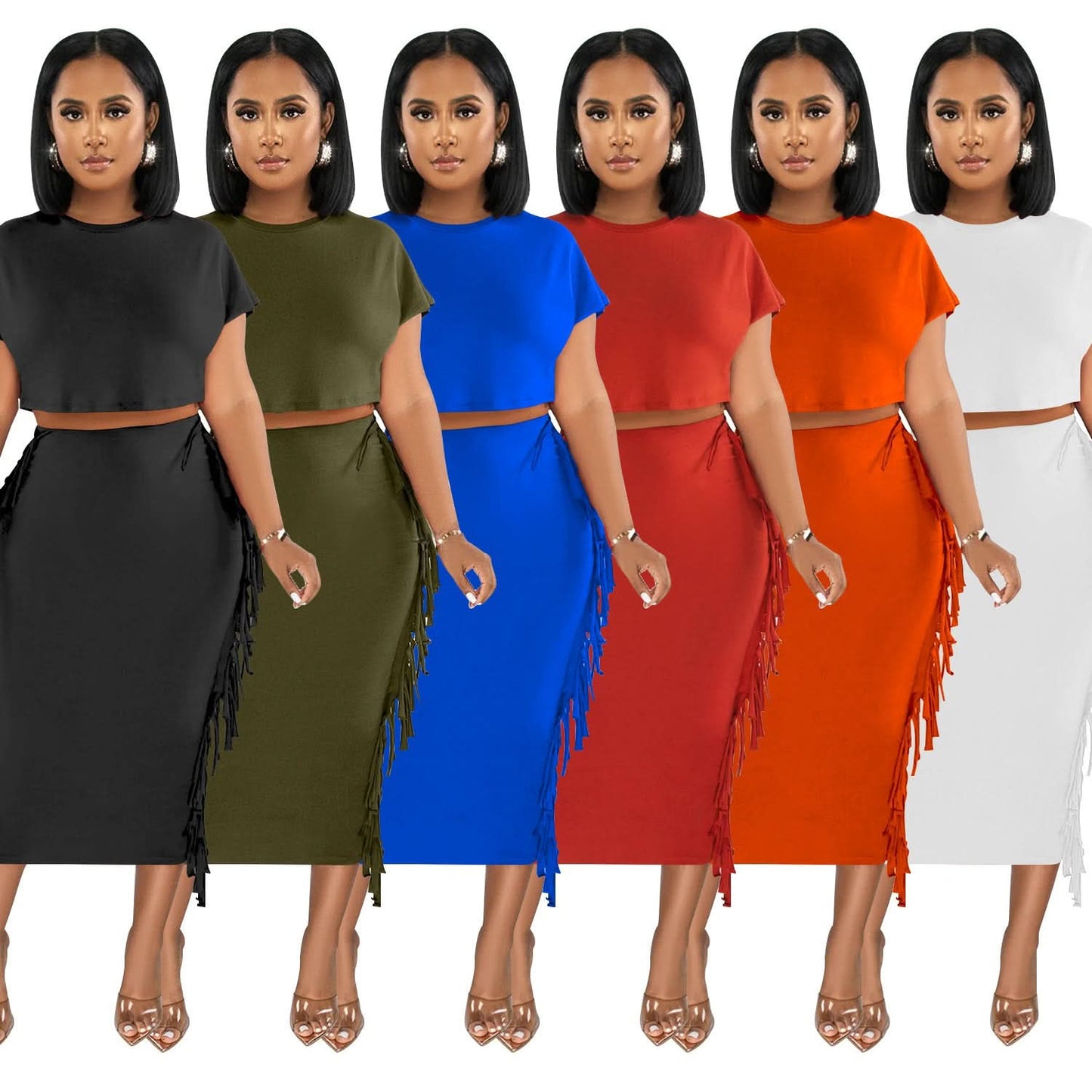 FashionableStyle Einfarbig Fransen Rundhals Kurzarm Langes Kleid Zweiteiliges Set