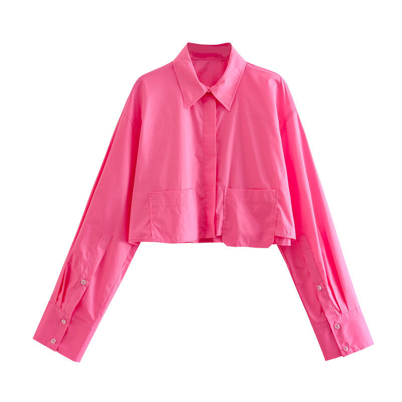 Women Fashion With Pockets Cropped Poplin Shirts Vintage Long Sleeve Button-up Female Blouses Blusas Chic Tops
