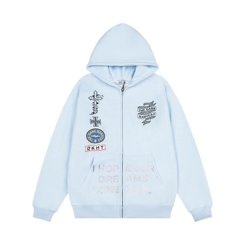 Bestickter Kapuzenpullover mit Reißverschluss Unisex Locker Vielseitige Fleece-gefütterte Jacke Trendig