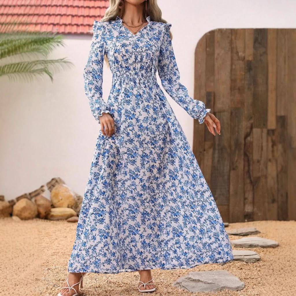 Elegant Women's Belted Long Sleeve Floral Print Dress, Fashion Casual Maxi Dress